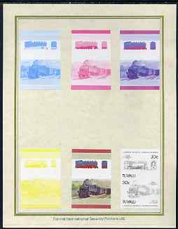 Tuvalu 1985 Locomotives #4 (Leaders of the World) 30c 'Class 99-77 2-10-2' set of 7 imperf progressive proof pairs comprising the 4 individual colours plus 2, 3 and all 4 colour composites mounted on special Format International cards (7 se-tenant proof pairs as SG 317a), stamps on railways
