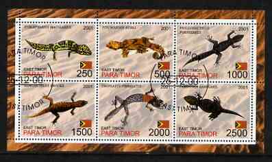 Timor (East) 2001 Geckos perf sheetlet containing set of 6 values cto used, stamps on animals, stamps on reptiles