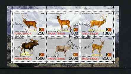 Timor (East) 2001 Deer perf sheetlet containing set of 6 values cto used, stamps on , stamps on  stamps on animals, stamps on  stamps on deer