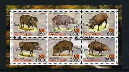 Timor (East) 2001 Hogs perf sheetlet containing set of 6 values cto used, stamps on animals, stamps on hogs, stamps on swine