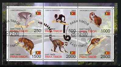 Timor (East) 2001 Lemurs perf sheetlet containing set of 6 values cto used, stamps on , stamps on  stamps on animals, stamps on  stamps on lemurs, stamps on  stamps on apes