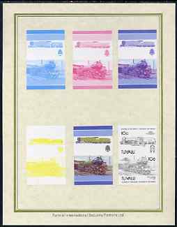 Tuvalu 1985 Locomotives #5 (Leaders of the World) 10c 'Green Arrow 2-6-2' set of 7 imperf progressive proof pairs comprising the 4 individual colours plus 2, 3 and all 4 colour composites mounted on special Format International cards (7 se-tenant proof pairs as SG 348a), stamps on railways