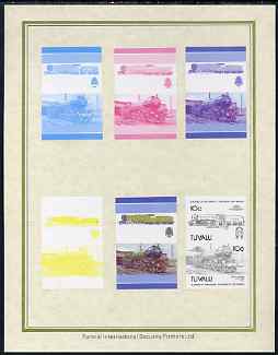 Tuvalu 1985 Locomotives #5 (Leaders of the World) 10c 'Green Arrow 2-6-2' set of 7 imperf progressive proof pairs comprising the 4 individual colours plus 2, 3 and all 4 colour composites mounted on special Format International cards (7 se-tenant proof pairs as SG 348a), stamps on , stamps on  stamps on railways