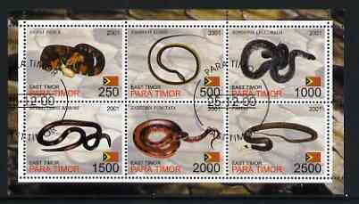 Timor (East) 2001 Snakes perf sheetlet containing set of 6 values cto used, stamps on animals, stamps on snakes, stamps on reptiles, stamps on snake, stamps on snakes, stamps on 