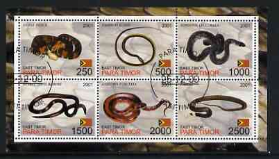 Timor (East) 2001 Snakes perf sheetlet containing set of 6 values cto used, stamps on , stamps on  stamps on animals, stamps on  stamps on snakes, stamps on  stamps on reptiles, stamps on  stamps on snake, stamps on  stamps on snakes, stamps on  stamps on 