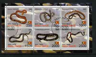 Timor (East) 2001 Grass Snakes perf sheetlet containing set of 6 values cto used, stamps on animals, stamps on snakes, stamps on reptiles, stamps on snake, stamps on snakes, stamps on 