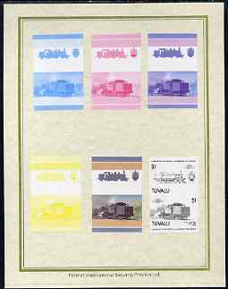 Tuvalu 1985 Locomotives #5 (Leaders of the World) $1 'Class 1070 4-4-2' set of 7 imperf progressive proof pairs comprising the 4 individual colours plus 2, 3 and all 4 colour composites mounted on special Format International cards (7 se-tenant proof pairs as SG 354a), stamps on , stamps on  stamps on railways