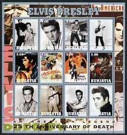 Buriatia Republic 2002 Elvis Presley 25th Death Anniversary #1 perf sheetlet containing set of 12 values unmounted mint, stamps on , stamps on  stamps on entertainments, stamps on  stamps on cinema, stamps on  stamps on films, stamps on  stamps on music, stamps on  stamps on elvis, stamps on  stamps on pops