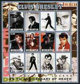 Buriatia Republic 2002 Elvis Presley 25th Death Anniversary #2 perf sheetlet containing set of 12 values unmounted mint, stamps on , stamps on  stamps on entertainments, stamps on  stamps on cinema, stamps on  stamps on films, stamps on  stamps on music, stamps on  stamps on elvis, stamps on  stamps on pops