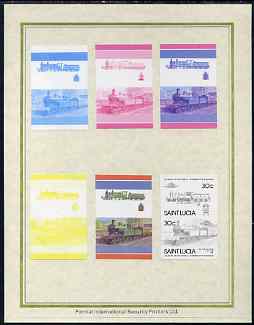 St Lucia 1985 Locomotives #4 (Leaders of the World) 30c 'Class M 4-4-0' set of 7 imperf progressive proof pairs comprising the 4 individual colours plus 2, 3 and all 4 colour composites mounted on special Format International cards (as SG 826a), stamps on , stamps on  stamps on railways