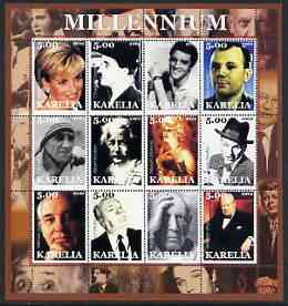 Karelia Republic 2002 Millennium #1 perf sheetlet containing set of 12 values unmounted mint (Diana, Chaplin, Elvis, Mother Teresa, Einstein, Marilyn, Sinatra, Picasso, Churchill, JFK, etc), stamps on , stamps on  stamps on personalities, stamps on  stamps on millennium, stamps on  stamps on diana, stamps on  stamps on elvis, stamps on  stamps on space, stamps on  stamps on music, stamps on  stamps on nobel, stamps on  stamps on einstein, stamps on  stamps on kennedy, stamps on  stamps on marilyn monroe, stamps on  stamps on sinatra, stamps on  stamps on picasso, stamps on  stamps on churchill, stamps on  stamps on personalities, stamps on  stamps on einstein, stamps on  stamps on science, stamps on  stamps on physics, stamps on  stamps on nobel, stamps on  stamps on maths, stamps on  stamps on space, stamps on  stamps on judaica, stamps on  stamps on atomics, stamps on  stamps on comedy, stamps on  stamps on chaplin