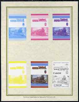 St Vincent 1985 Locomotives #4 (Leaders of the World) 1c (4-4-0 Glen Douglas) set of 7 imperf progressive proof pairs comprising the 4 individual colours plus 2, 3 and al..., stamps on railways