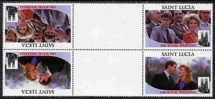 St Lucia 1986 Royal Wedding (Andrew & Fergie) $2 perforated tete-beche se-tenant gutter block of 4 with face value omitted unmounted mint , stamps on , stamps on  stamps on royalty, stamps on  stamps on andrew, stamps on  stamps on fergie, stamps on  stamps on 