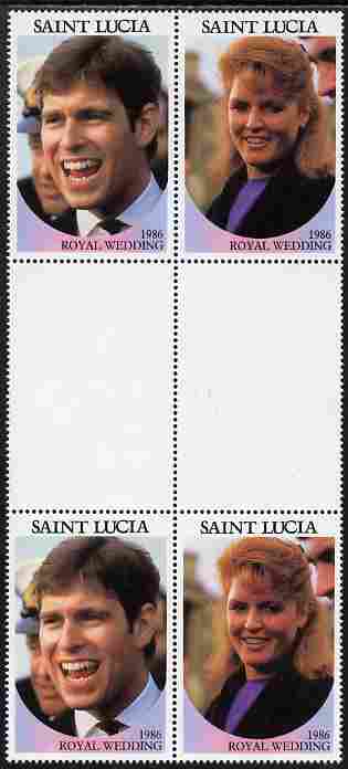 St Lucia 1986 Royal Wedding (Andrew & Fergie) 80c perforated se-tenant gutter block of 4 with face value omitted unmounted mint , stamps on royalty, stamps on andrew, stamps on fergie, stamps on 