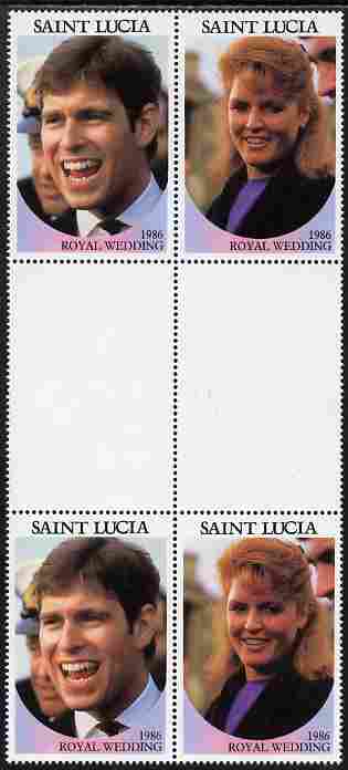 St Lucia 1986 Royal Wedding (Andrew & Fergie) 80c perforated se-tenant gutter block of 4 with face value omitted unmounted mint , stamps on , stamps on  stamps on royalty, stamps on  stamps on andrew, stamps on  stamps on fergie, stamps on  stamps on 