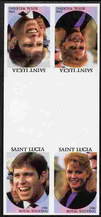 St Lucia 1986 Royal Wedding (Andrew & Fergie) 80c imperf tete-beche se-tenant gutter block of 4 with face value omitted unmounted mint , stamps on , stamps on  stamps on royalty, stamps on  stamps on andrew, stamps on  stamps on fergie, stamps on  stamps on 