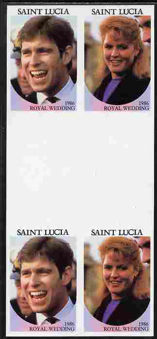 St Lucia 1986 Royal Wedding (Andrew & Fergie) 80c imperf se-tenant gutter block of 4 with face value omitted unmounted mint , stamps on royalty, stamps on andrew, stamps on fergie, stamps on 