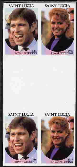 St Lucia 1986 Royal Wedding (Andrew & Fergie) 80c imperf se-tenant gutter block of 4 with face value omitted unmounted mint , stamps on , stamps on  stamps on royalty, stamps on  stamps on andrew, stamps on  stamps on fergie, stamps on  stamps on 