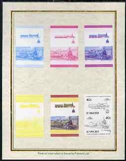 St Vincent 1985 Locomotives #4 (Leaders of the World) 40c (4-2-2 Stirling Single) set of 7 imperf progressive proof pairs comprising the 4 individual colours plus 2, 3 and all 4 colour composites mounted on special Format International cards (7 se-tenant proof pairs as SG 876a), stamps on , stamps on  stamps on railways, stamps on  stamps on scots, stamps on  stamps on scotland