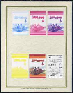 St Vincent 1985 Locomotives #4 (Leaders of the World) 60c (2-4-0 No. 158A) set of 7 imperf progressive proof pairs comprising the 4 individual colours plus 2, 3 and all 4 colour composites mounted on special Format International cards (7 se-tenant proof pairs as SG 878a), stamps on railways