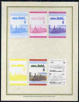 St Vincent - Union Island 1985 Locomotives #3 (Leaders of the World) 5c Skye Bogie 4-4-0 set of 7 imperf progressive proof pairs comprising the 4 individual colours plus ..., stamps on railways