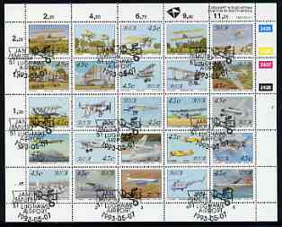 South Africa 1993 Aviation In South Africa sheetlet containing set of 25 values fine used with special cancels, SG 779a, stamps on aviation, stamps on armstrong, stamps on hawker, stamps on boeing, stamps on sikorsky, stamps on miles, stamps on short, stamps on handley page, stamps on flying boats, stamps on helicopters, stamps on de havilland, stamps on junkers, stamps on 