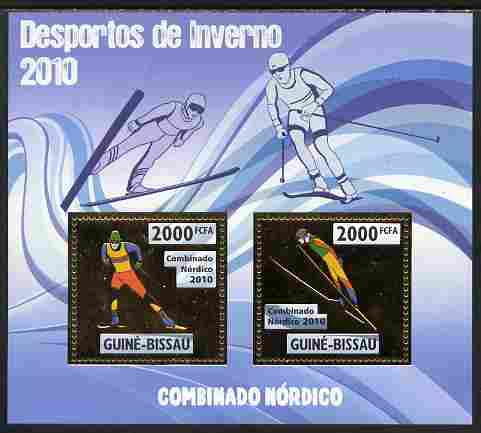 Guinea - Bissau 2010 Winter Olympic Sports - Nordic Combined perf sheetlet containing 2 values in gold unmounted mint, stamps on , stamps on  stamps on olympics, stamps on  stamps on sport, stamps on  stamps on skiing