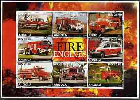 Angola 2002 Fire Engines perf sheetlet containing set of 8 plus label cto used, stamps on , stamps on  stamps on fire