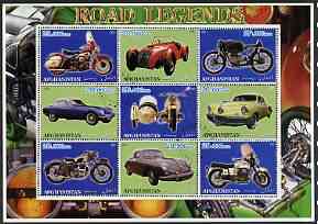 Afghanistan 2001 Road Legends perf sheetlet containing set of 9 values cto used (5 Motorcycles & 4 cars), stamps on , stamps on  stamps on motorbikes, stamps on  stamps on cars