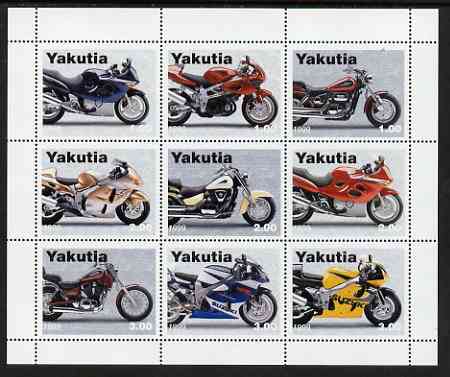 Sakha (Yakutia) Republic 1999 Motorcycles perf sheetlet containing complete set of 9 values unmounted mint, stamps on motorbikes