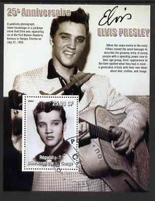Congo 2002 25th Death Anniversary of Elvis Presley perf souvenir sheet #1 (1955 B&W portrait of Elvis in Tampa) cto used, stamps on elvis, stamps on music, stamps on entertainments, stamps on films