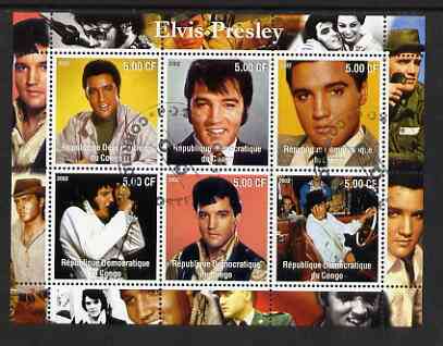 Congo 2002 Elvis Presley perf sheetlet #2 containing set of 6 values cto used, stamps on , stamps on  stamps on personalities, stamps on  stamps on elvis, stamps on  stamps on music, stamps on  stamps on films, stamps on  stamps on entertainments, stamps on  stamps on pops