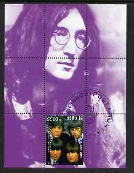 Laos 2000 The Beatles perf deluxe sheet #02 (purple background) cto used, stamps on personalities, stamps on music, stamps on entertainments, stamps on pops, stamps on beatles