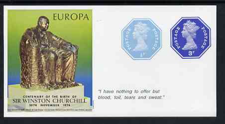 Cinderella - Great Britain 1974 Europa Souvenir Sheet Celebrating Birth of Sir Winston Churchill with 1/2p & 3p octagonal postally valid stamps, with quotation 'I have nothing to offer ...' unmounted mint, stamps on , stamps on  stamps on europa, stamps on  stamps on churchill, stamps on  stamps on personalities, stamps on  stamps on  ww2 , stamps on  stamps on 