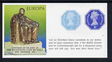 Cinderella - Great Britain 1974 Europa Souvenir Sheet Celebrating Birth of Sir Winston Churchill with 1/2p & 3p octagonal postally valid stamps, with quotation 'This was their finest hour' unmounted mint, stamps on , stamps on  stamps on europa, stamps on  stamps on churchill, stamps on  stamps on personalities, stamps on  stamps on  ww2 , stamps on  stamps on 