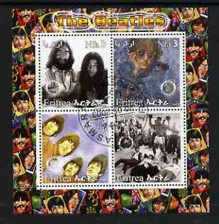 Eritrea 2003 The Beatles perf sheetlet containing set of 4 values each with Rotary International Logo cto used, stamps on , stamps on  stamps on personalities, stamps on  stamps on entertainments, stamps on  stamps on music, stamps on  stamps on pops, stamps on  stamps on beatles, stamps on  stamps on rotary