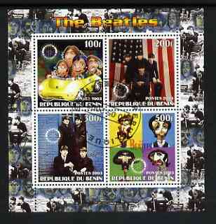 Benin 2003 The Beatles perf sheetlet containing set of 4 values each with Rotary International Logo cto used, stamps on , stamps on  stamps on personalities, stamps on  stamps on entertainments, stamps on  stamps on music, stamps on  stamps on pops, stamps on  stamps on beatles, stamps on  stamps on rotary