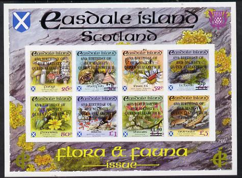 Easdale 1991 65th Birthday of Queen Elizabeth overprinted on Flora & Fauna imperf sheetlet containing complete set of 8 values (26p to £5) unmounted mint, stamps on animals, stamps on birds, stamps on butterflies, stamps on flowers, stamps on fungi, stamps on marine-life, stamps on royalty, stamps on shells, stamps on  goldfinch, stamps on tern, stamps on turnstone