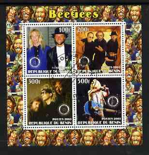 Benin 2003 The Bee Gees perf sheetlet containing set of 4 values each with Rotary International Logo cto used, stamps on , stamps on  stamps on personalities, stamps on  stamps on entertainments, stamps on  stamps on music, stamps on  stamps on pops, stamps on  stamps on rotary