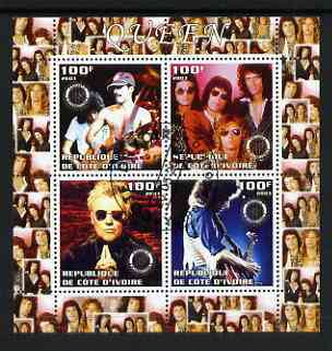 Ivory Coast 2003 Queen (pop group) perf sheetlet containing set of 4 values each with Rotary International Logo cto used, stamps on , stamps on  stamps on personalities, stamps on  stamps on entertainments, stamps on  stamps on music, stamps on  stamps on pops, stamps on  stamps on rotary