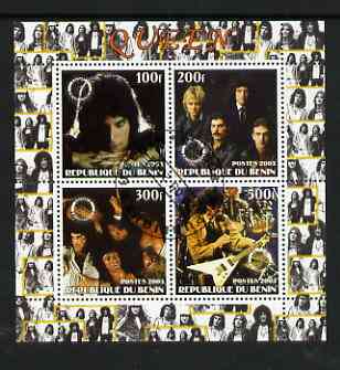 Benin 2003 Queen (pop group) #1 perf sheetlet containing set of 4 values each with Rotary International Logo cto used, stamps on , stamps on  stamps on personalities, stamps on  stamps on entertainments, stamps on  stamps on music, stamps on  stamps on pops, stamps on  stamps on rotary