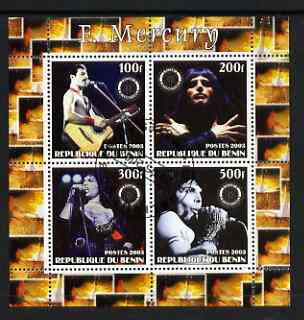 Benin 2003 Freddie Mercury (Queen pop group) perf sheetlet containing set of 4 values each with Rotary International Logo cto used, stamps on , stamps on  stamps on personalities, stamps on  stamps on entertainments, stamps on  stamps on music, stamps on  stamps on pops, stamps on  stamps on rotary