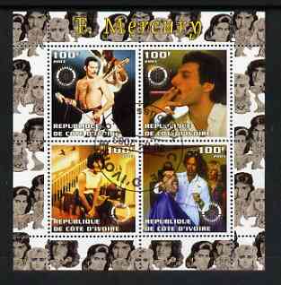 Ivory Coast 2003 Freddie Mercury (Queen pop group) perf sheetlet containing set of 4 values each with Rotary International Logo cto used, stamps on personalities, stamps on entertainments, stamps on music, stamps on pops, stamps on rotary