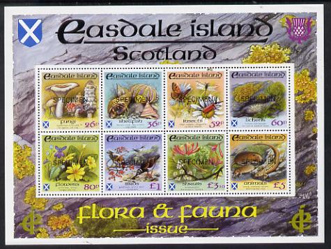 Easdale 1988 Flora & Fauna definitive perf sheetlet containing complete set of 8 values (26p to ) each overprinted SPECIMEN superb unmounted mint, stamps on animals  birds  butterflies  flowers  fungi  marine-life  shells      goldfinch    tern    turnstone, stamps on violas