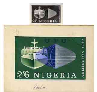 Nigeria 1961 Admission into UPU superb piece of original artwork for 2s6d value probably by M Goaman, very similar to issued stamp, size 6.5x4 plus stamp-size black & white photographic reproduction, stamps on , stamps on  stamps on , stamps on  stamps on  upu , stamps on  stamps on 