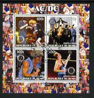 Benin 2003 AC/DC perf sheetlet containing set of 4 values each with Rotary International Logo cto used, stamps on , stamps on  stamps on personalities, stamps on  stamps on entertainments, stamps on  stamps on music, stamps on  stamps on pops, stamps on  stamps on rotary, stamps on  stamps on rock