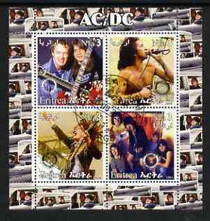 Eritrea 2003 AC/DC perf sheetlet containing set of 4 values each with Rotary International Logo cto used, stamps on , stamps on  stamps on personalities, stamps on  stamps on entertainments, stamps on  stamps on music, stamps on  stamps on pops, stamps on  stamps on rotary, stamps on  stamps on rock