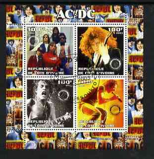 Ivory Coast 2003 AC/DC #2 perf sheetlet containing set of 4 values each with Rotary International Logo cto used, stamps on , stamps on  stamps on personalities, stamps on  stamps on entertainments, stamps on  stamps on music, stamps on  stamps on pops, stamps on  stamps on rotary, stamps on  stamps on rock