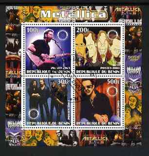 Benin 2003 Metallica #1 perf sheetlet containing set of 4 values each with Rotary International Logo cto used, stamps on , stamps on  stamps on personalities, stamps on  stamps on entertainments, stamps on  stamps on music, stamps on  stamps on pops, stamps on  stamps on rotary, stamps on  stamps on rock