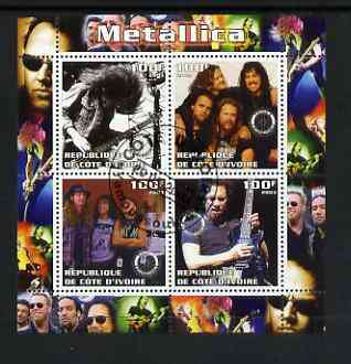 Ivory Coast 2003 Metallica perf sheetlet containing set of 4 values each with Rotary International Logo cto used, stamps on , stamps on  stamps on personalities, stamps on  stamps on entertainments, stamps on  stamps on music, stamps on  stamps on pops, stamps on  stamps on rotary, stamps on  stamps on rock